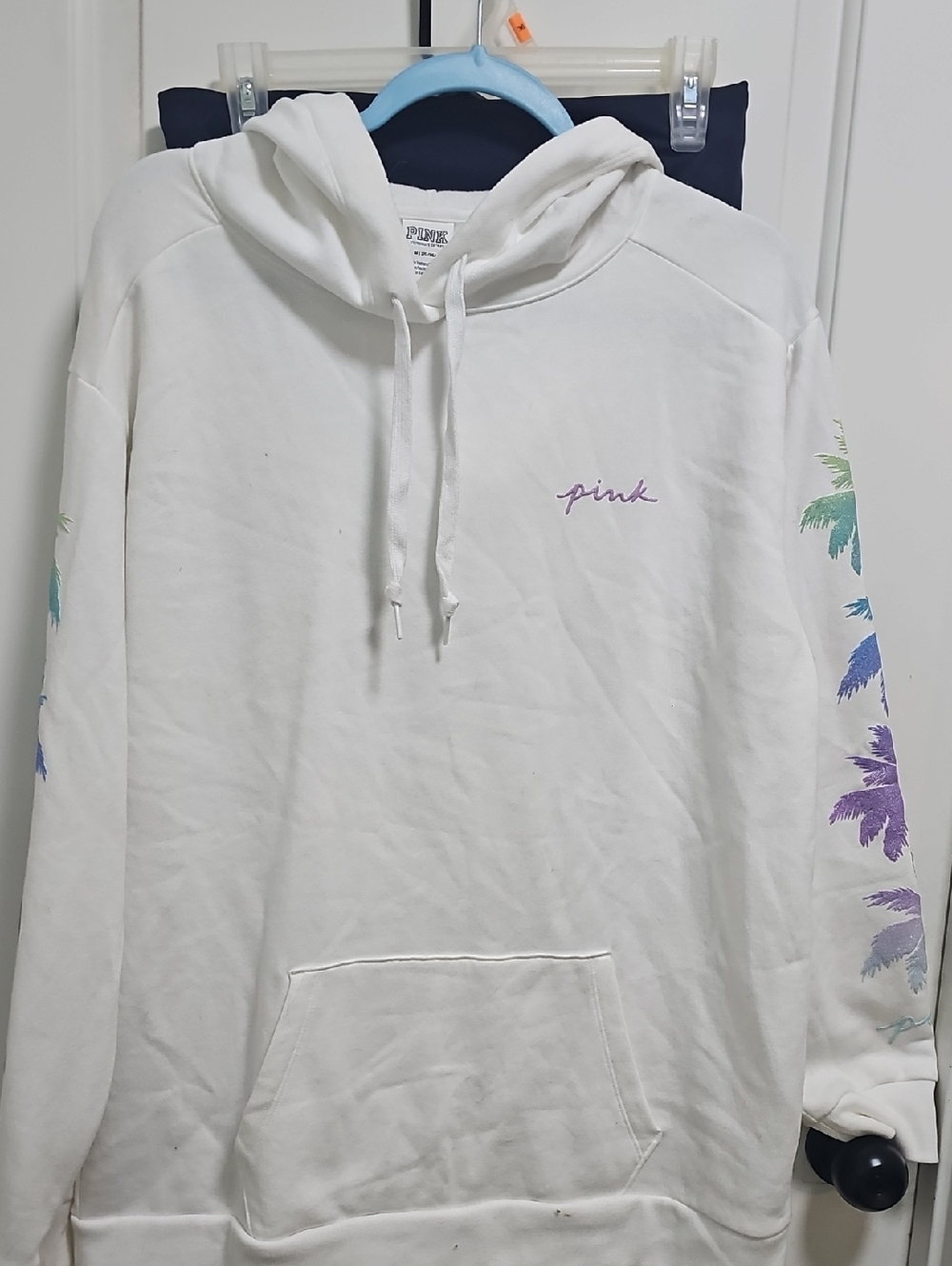 PINK White Hoodie with Pastel Palm Sleeve Print